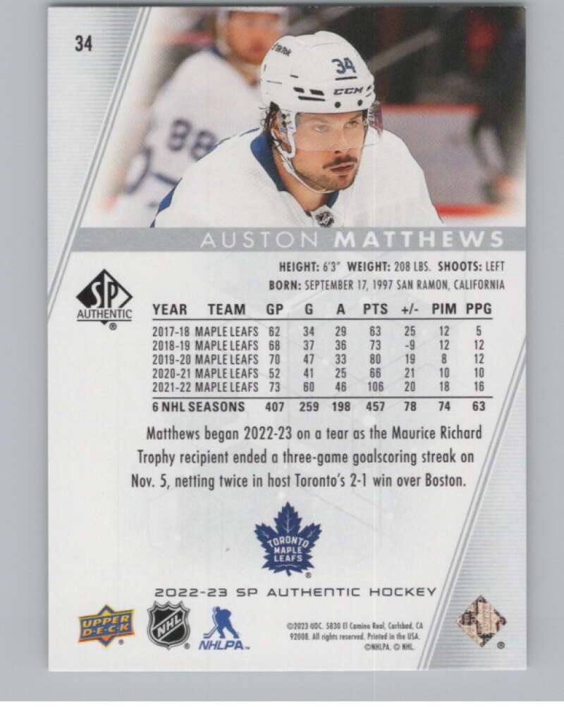 2022-23 SP Authentic #34 Auston Matthews  Toronto Maple Leafs  V100701 Image 2