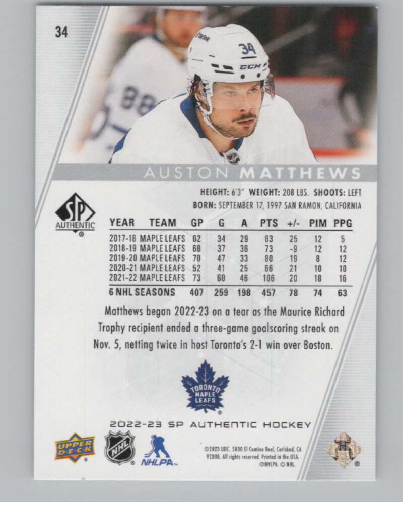 2022-23 SP Authentic #34 Auston Matthews  Toronto Maple Leafs  V100706 Image 2