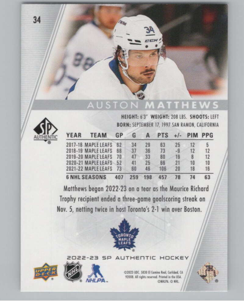 2022-23 SP Authentic #34 Auston Matthews  Toronto Maple Leafs  V100707 Image 2