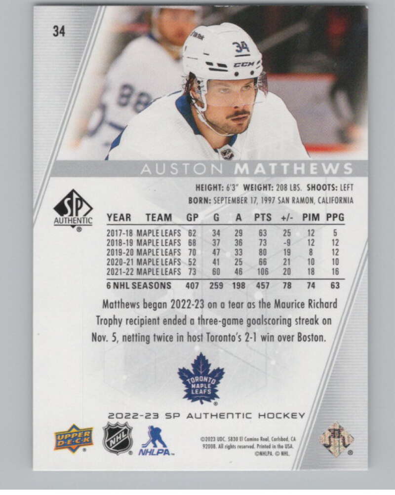 2022-23 SP Authentic #34 Auston Matthews  Toronto Maple Leafs  V100708 Image 2