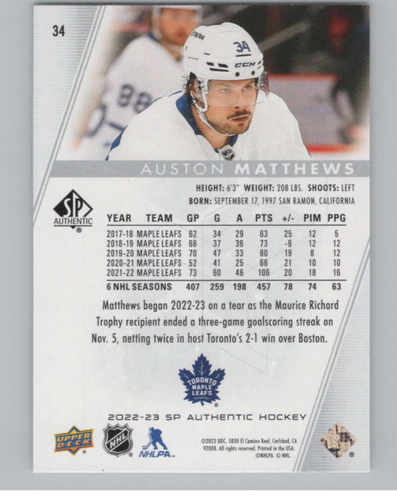 2022-23 SP Authentic #34 Auston Matthews  Toronto Maple Leafs  V100711 Image 2