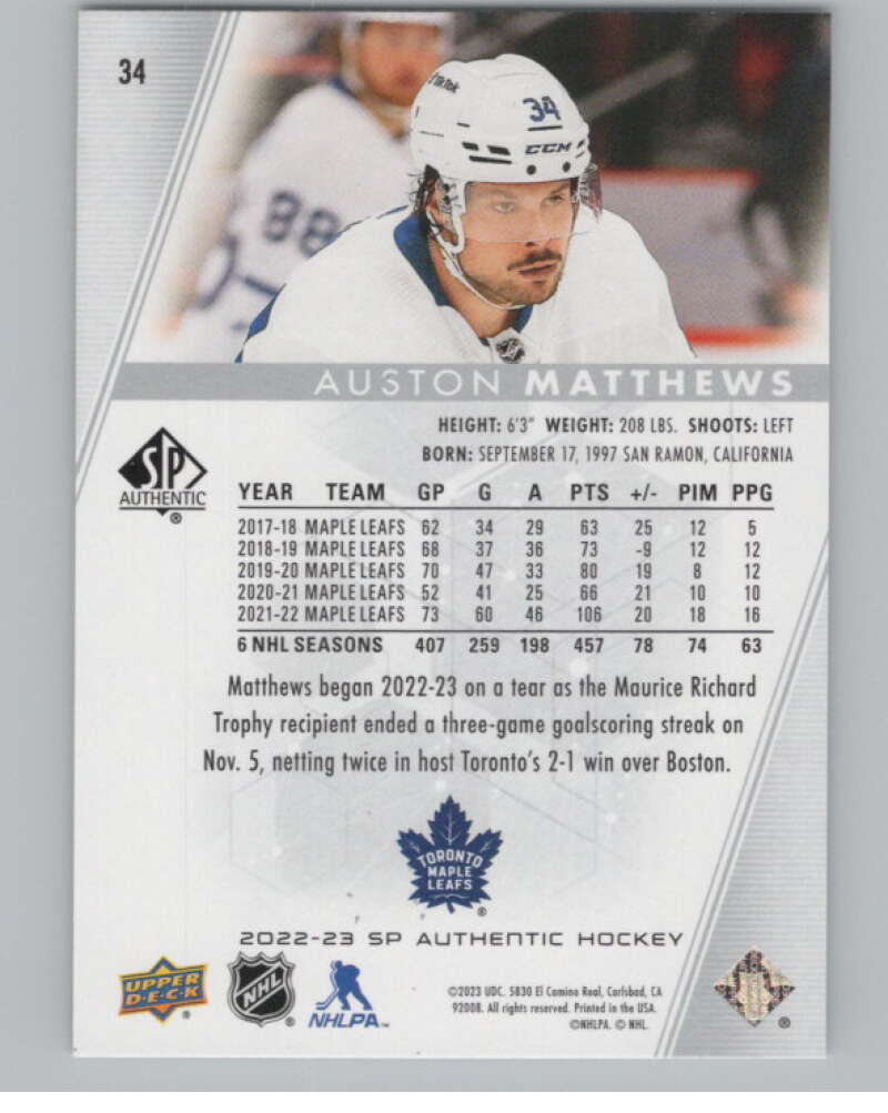2022-23 SP Authentic #34 Auston Matthews  Toronto Maple Leafs  V100715 Image 2