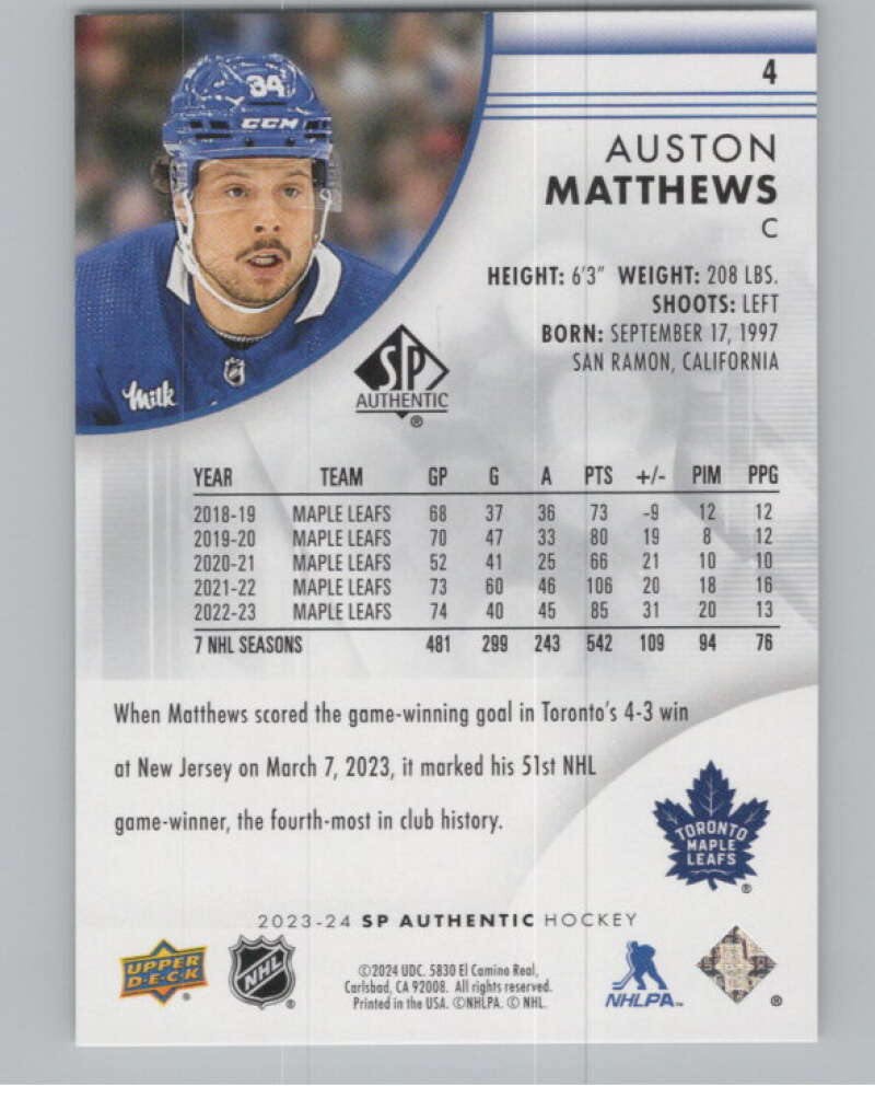 2023-24 SP Authentic #4 Auston Matthews  Toronto Maple Leafs  V100723 Image 2
