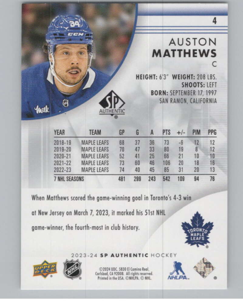 2023-24 SP Authentic #4 Auston Matthews  Toronto Maple Leafs  V100724 Image 2