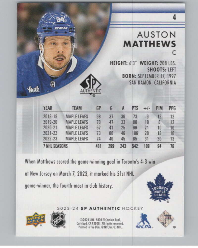 2023-24 SP Authentic #4 Auston Matthews  Toronto Maple Leafs  V100727 Image 2