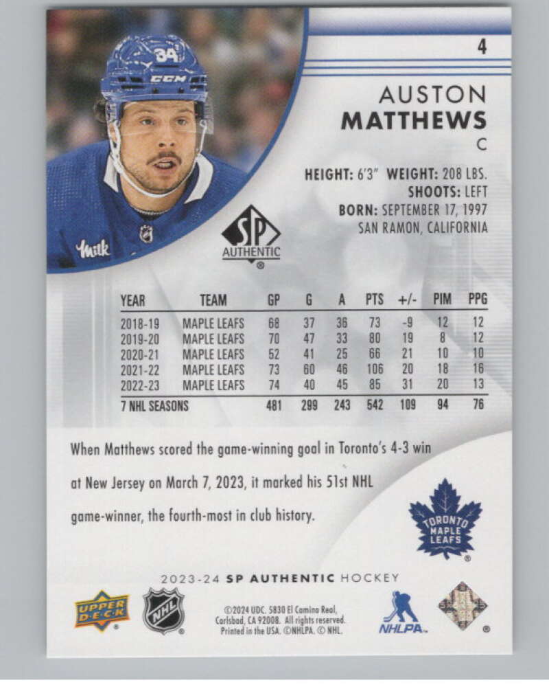 2023-24 SP Authentic #4 Auston Matthews  Toronto Maple Leafs  V100728 Image 2