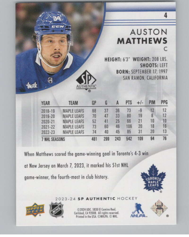 2023-24 SP Authentic #4 Auston Matthews  Toronto Maple Leafs  V100734 Image 2