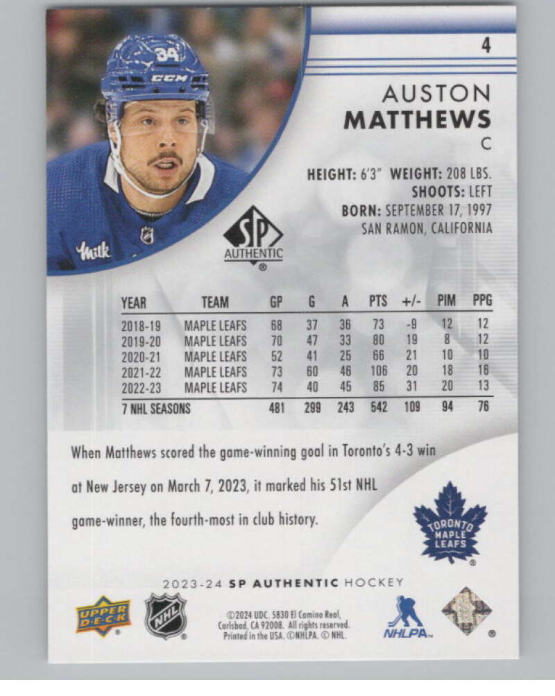 2023-24 SP Authentic #4 Auston Matthews  Toronto Maple Leafs  V100737 Image 2