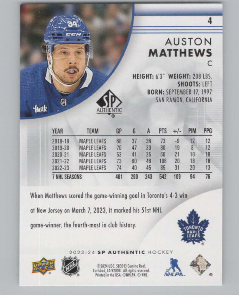 2023-24 SP Authentic #4 Auston Matthews  Toronto Maple Leafs  V100740 Image 2