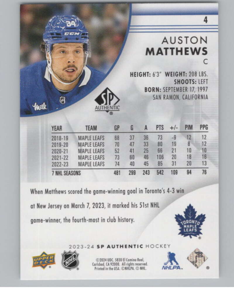 2023-24 SP Authentic #4 Auston Matthews  Toronto Maple Leafs  V100741 Image 2