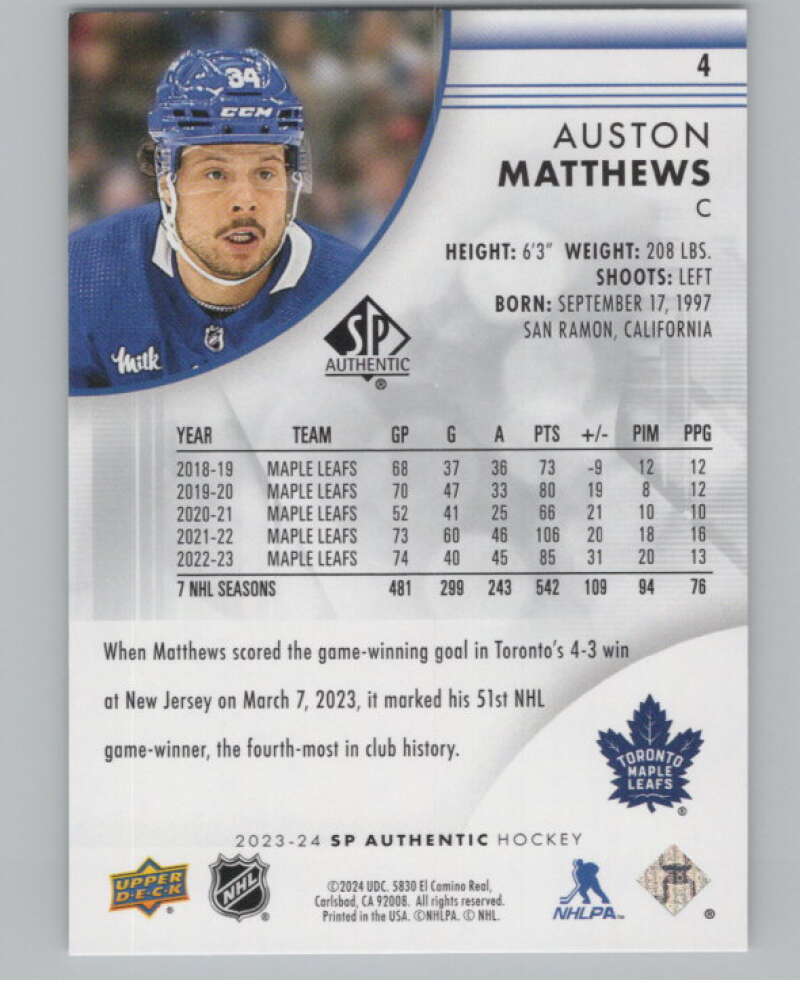 2023-24 SP Authentic #4 Auston Matthews  Toronto Maple Leafs  V100743 Image 2