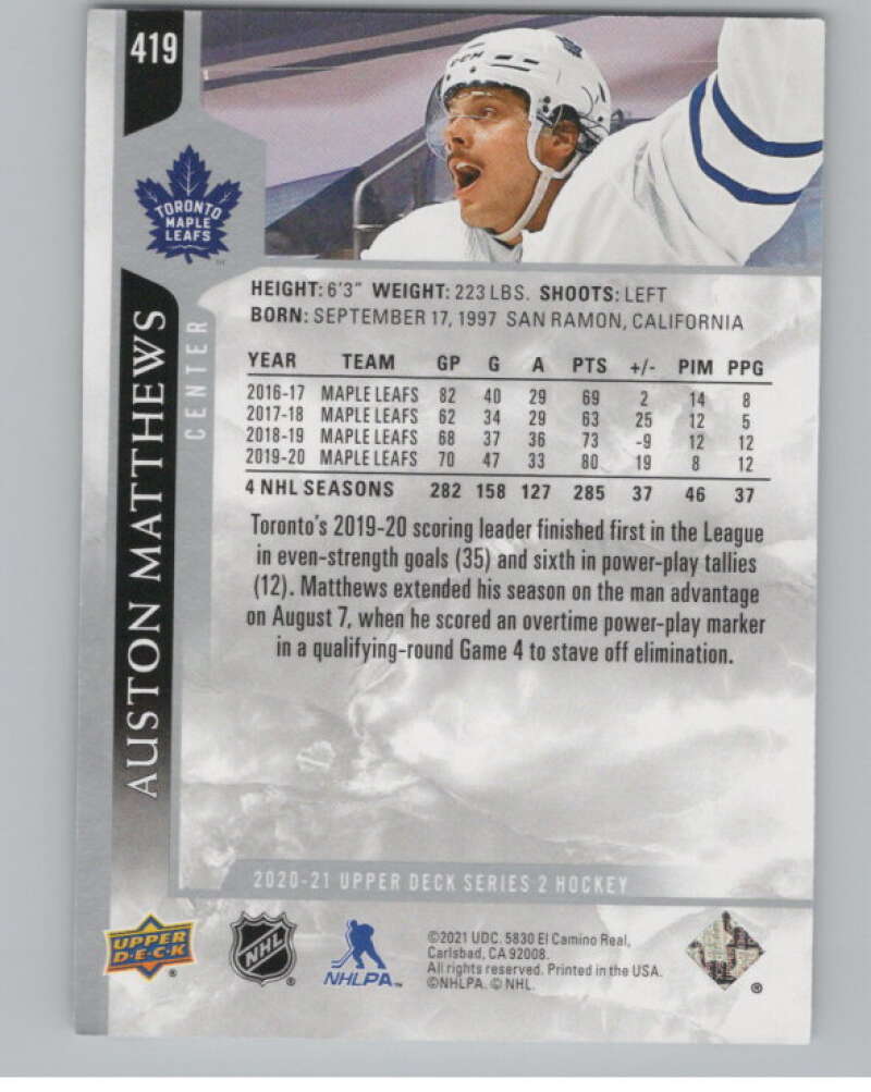 2020-21 Upper Deck #419 Auston Matthews  Toronto Maple Leafs  V100758 Image 2