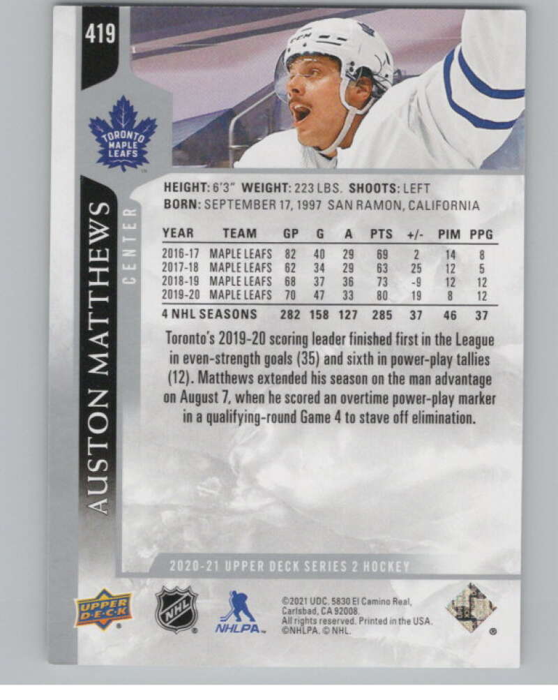 2020-21 Upper Deck #419 Auston Matthews  Toronto Maple Leafs  V100761 Image 2