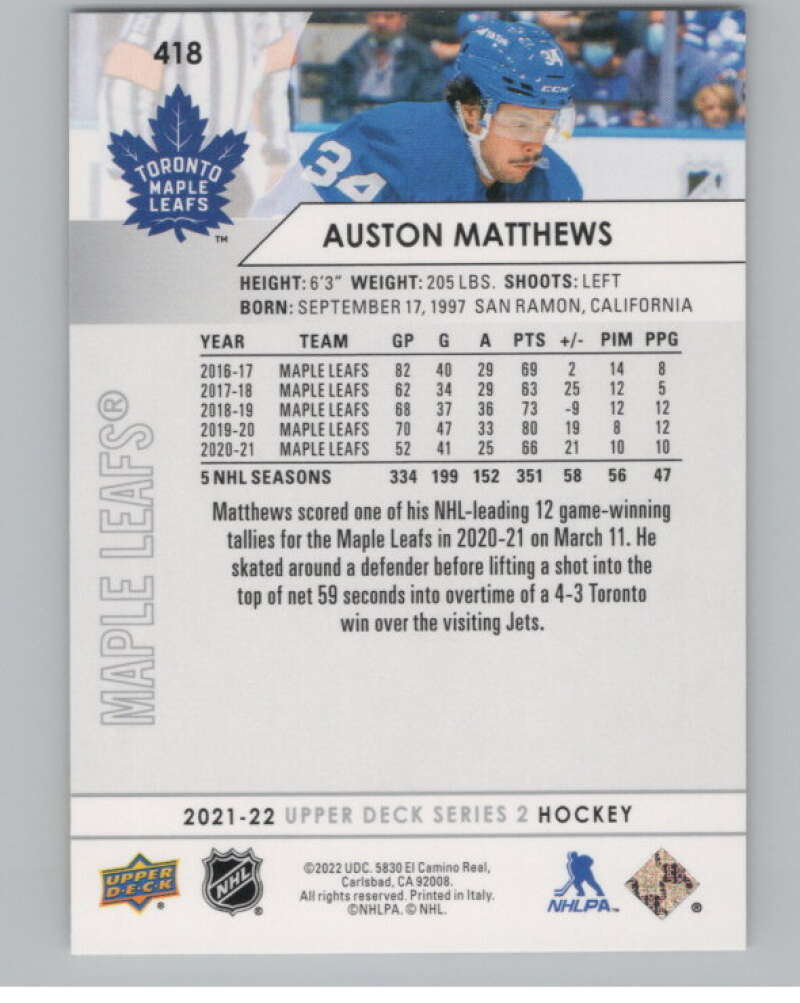 2021-22 Upper Deck #418 Auston Matthews  Toronto Maple Leafs  V100771 Image 2