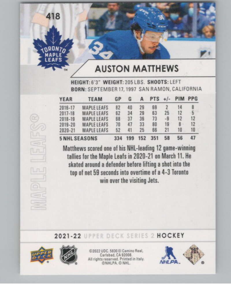 2021-22 Upper Deck #418 Auston Matthews  Toronto Maple Leafs  V100776 Image 2