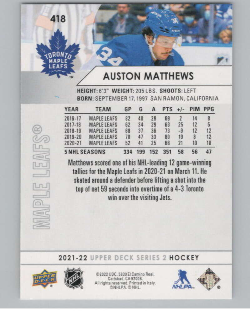2021-22 Upper Deck #418 Auston Matthews  Toronto Maple Leafs  V100777 Image 2