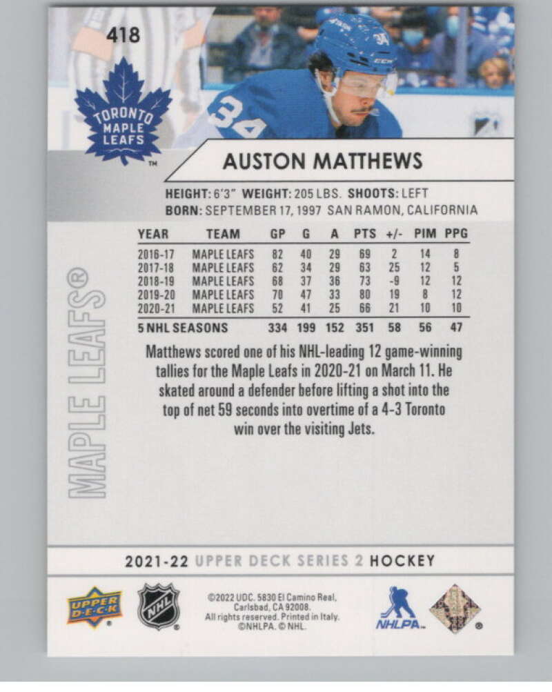2021-22 Upper Deck #418 Auston Matthews  Toronto Maple Leafs  V100781 Image 2
