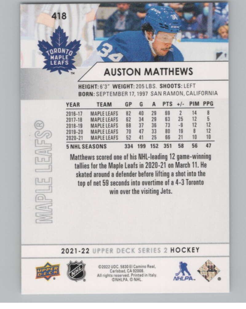 2021-22 Upper Deck #418 Auston Matthews  Toronto Maple Leafs  V100783 Image 2
