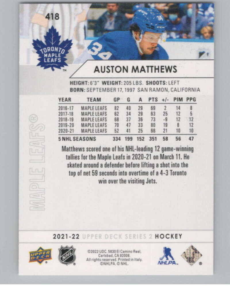 2021-22 Upper Deck #418 Auston Matthews  Toronto Maple Leafs  V100786 Image 2