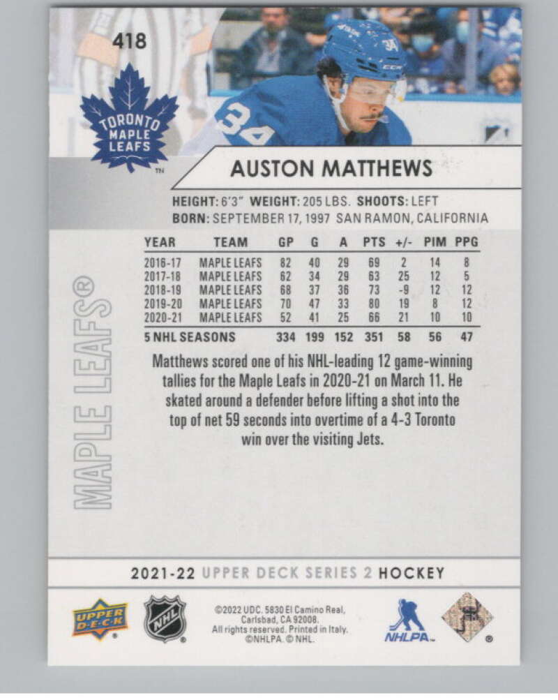 2021-22 Upper Deck #418 Auston Matthews  Toronto Maple Leafs  V100787 Image 2