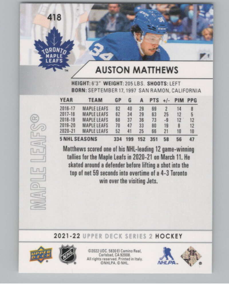 2021-22 Upper Deck #418 Auston Matthews  Toronto Maple Leafs  V100791 Image 2