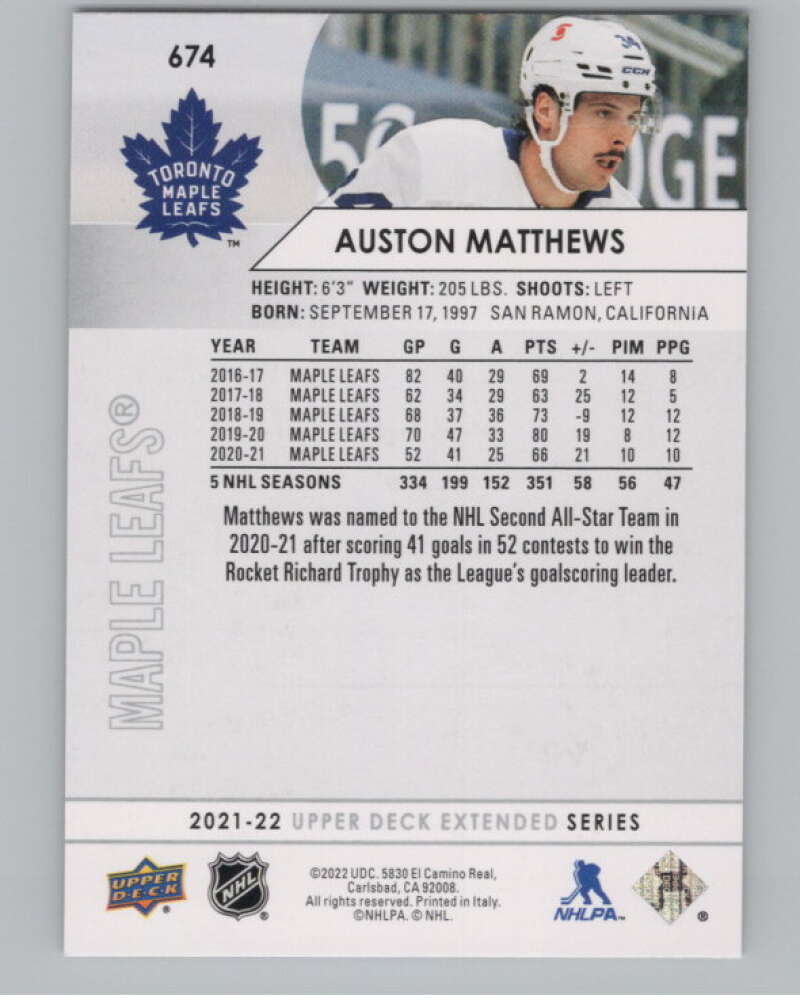 2021-22 Upper Deck Extended Series #674 Auston Matthews Leafs  V100792 Image 2