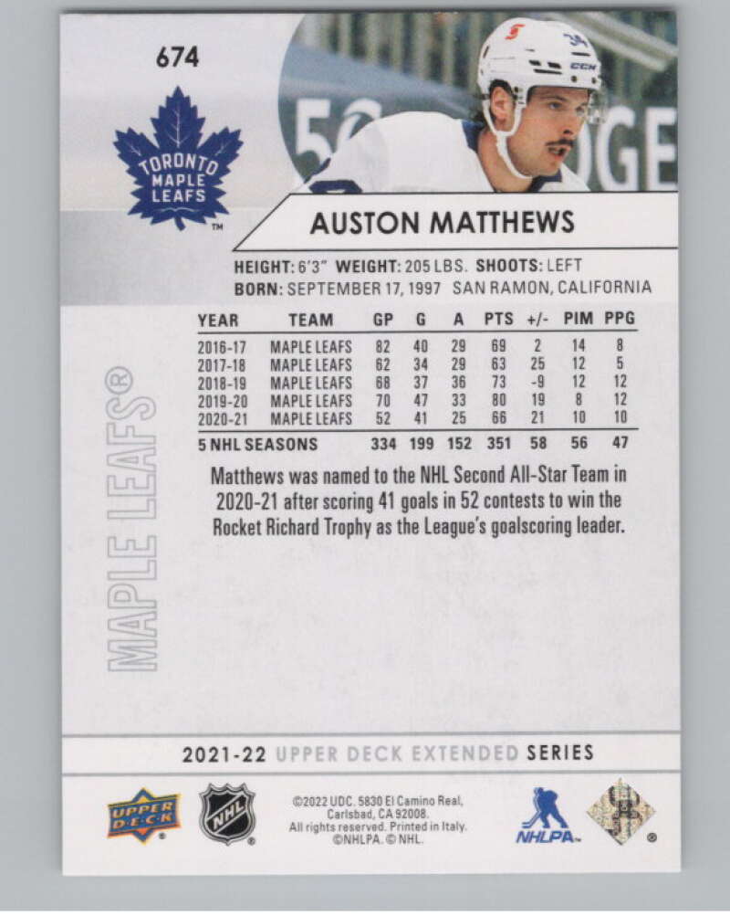 2021-22 Upper Deck Extended Series #674 Auston Matthews Leafs  V100793 Image 2