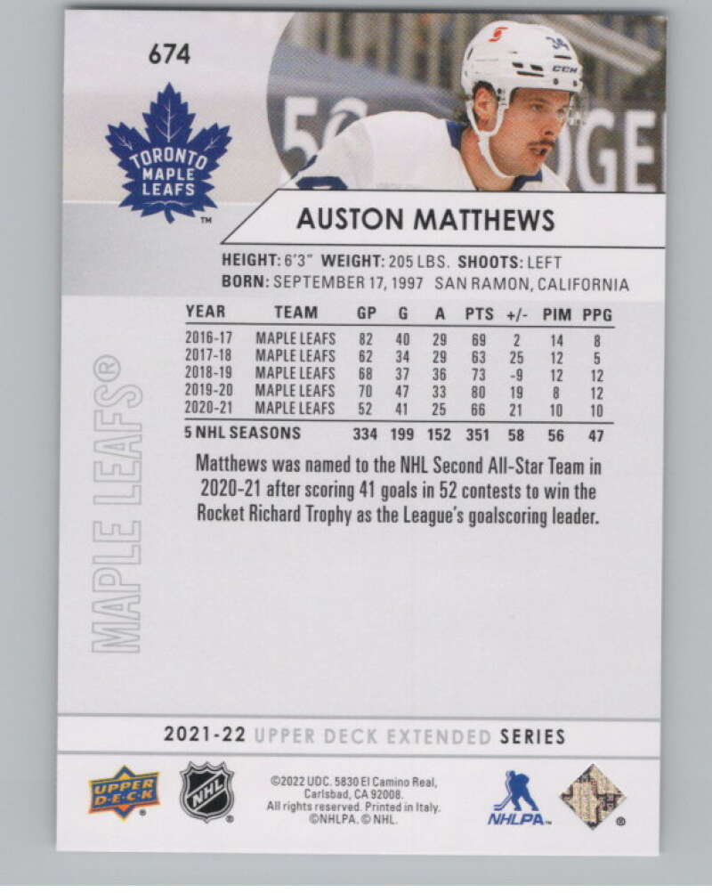 2021-22 Upper Deck Extended Series #674 Auston Matthews Leafs  V100794 Image 2