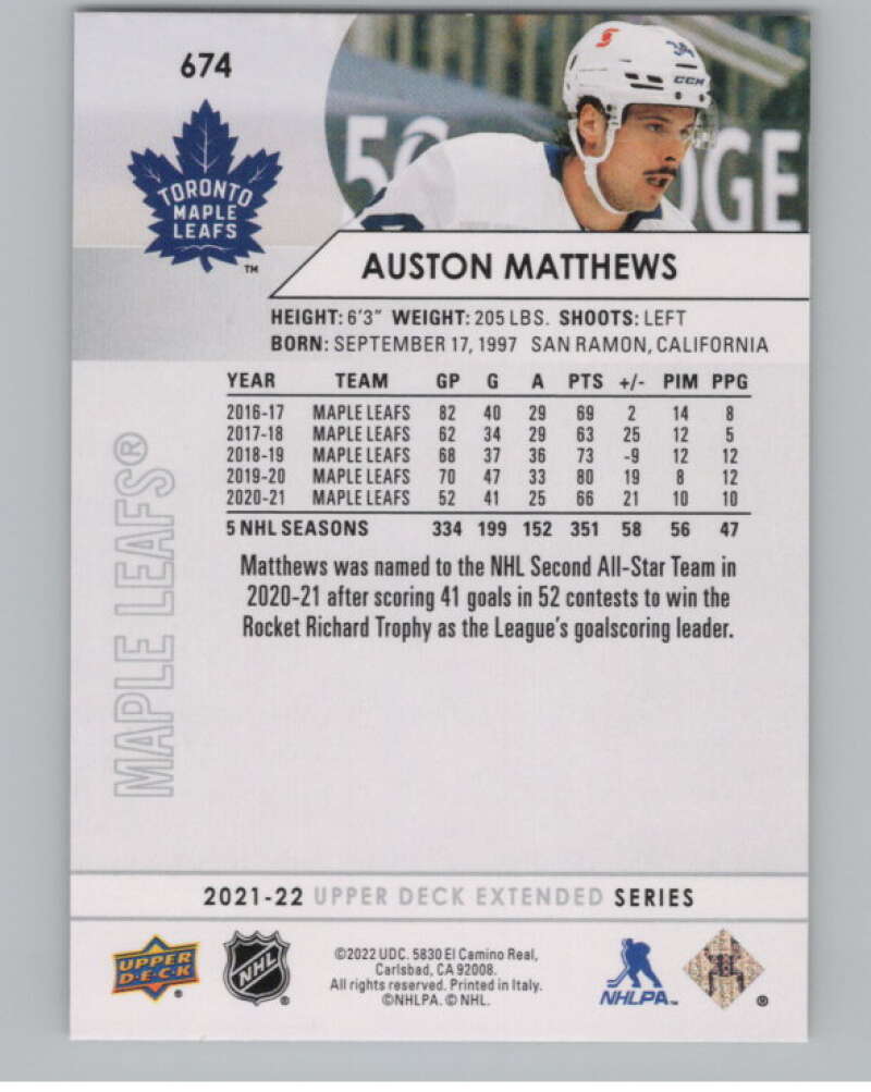 2021-22 Upper Deck Extended Series #674 Auston Matthews Leafs  V100795 Image 2