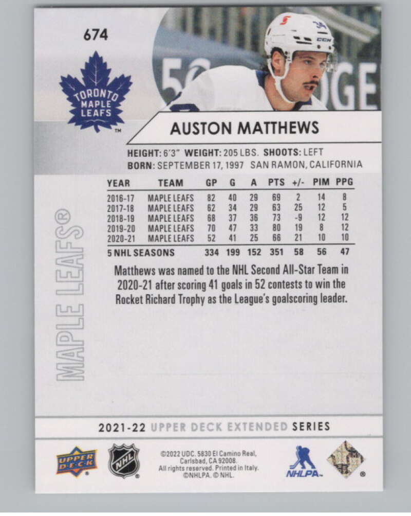 2021-22 Upper Deck Extended Series #674 Auston Matthews Leafs  V100796 Image 2