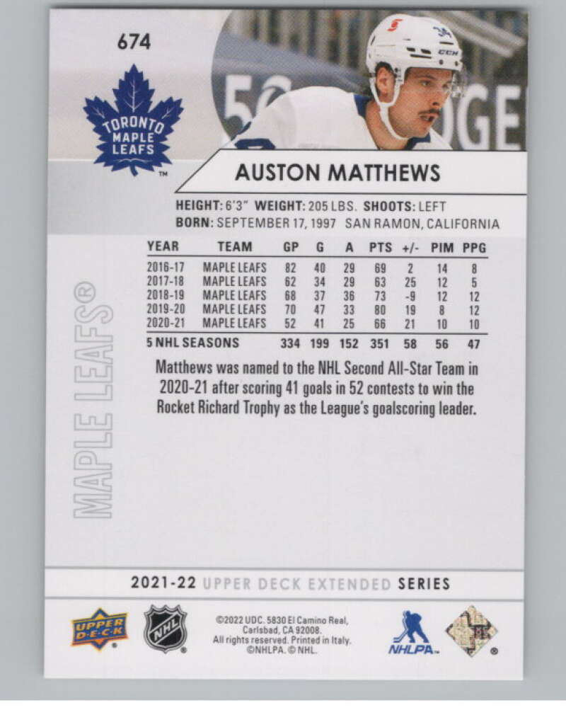 2021-22 Upper Deck Extended Series #674 Auston Matthews Leafs  V100797 Image 2