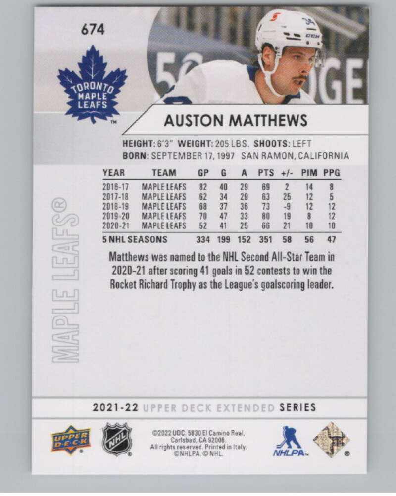 2021-22 Upper Deck Extended Series #674 Auston Matthews Leafs  V100798 Image 2