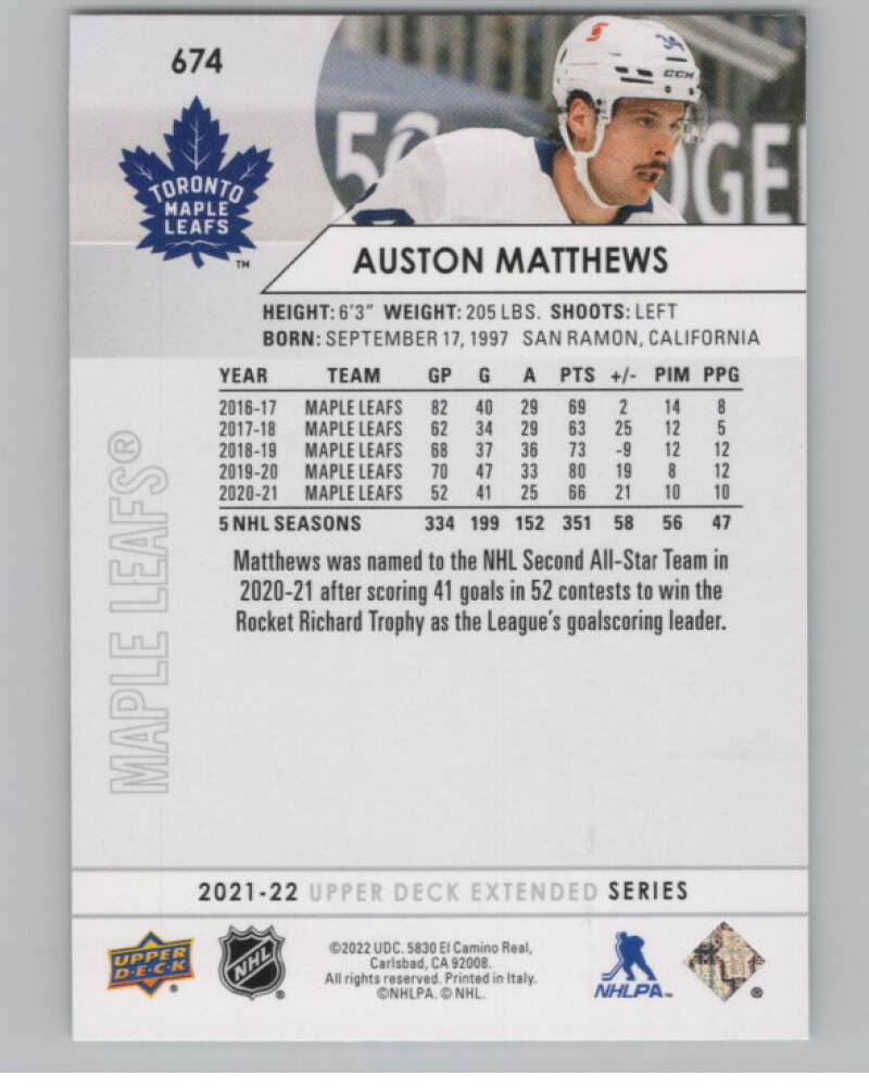 2021-22 Upper Deck Extended Series #674 Auston Matthews Leafs  V100799 Image 2