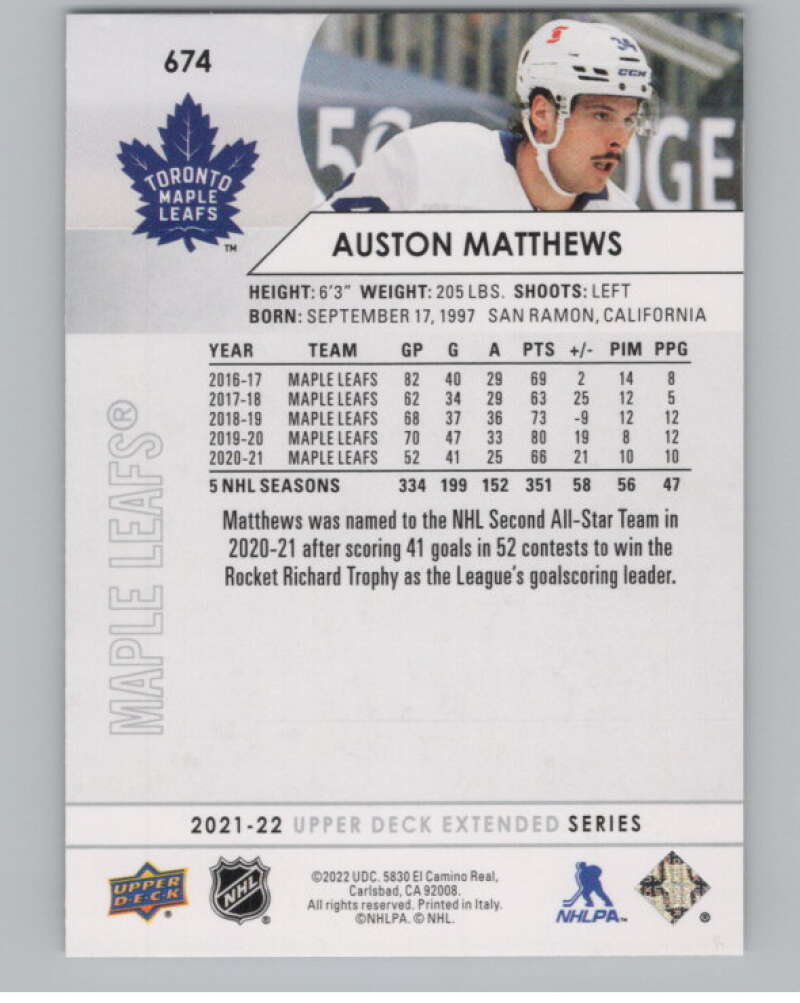 2021-22 Upper Deck Extended Series #674 Auston Matthews Leafs  V100800 Image 2