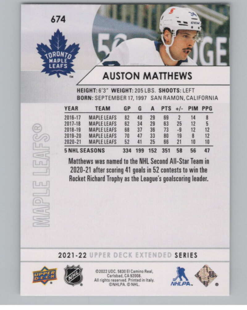2021-22 Upper Deck Extended Series #674 Auston Matthews Leafs  V100801 Image 2