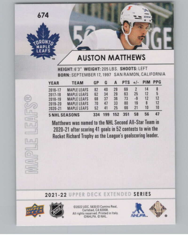 2021-22 Upper Deck Extended Series #674 Auston Matthews Leafs  V100802 Image 2