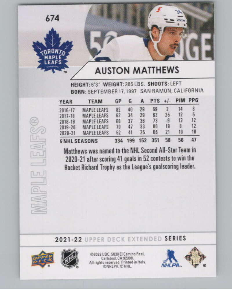 2021-22 Upper Deck Extended Series #674 Auston Matthews Leafs  V100803 Image 2