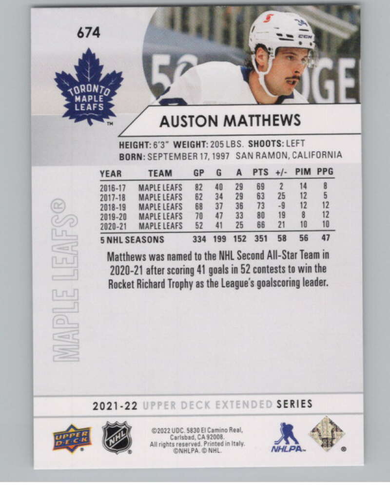 2021-22 Upper Deck Extended Series #674 Auston Matthews Leafs  V100805 Image 2