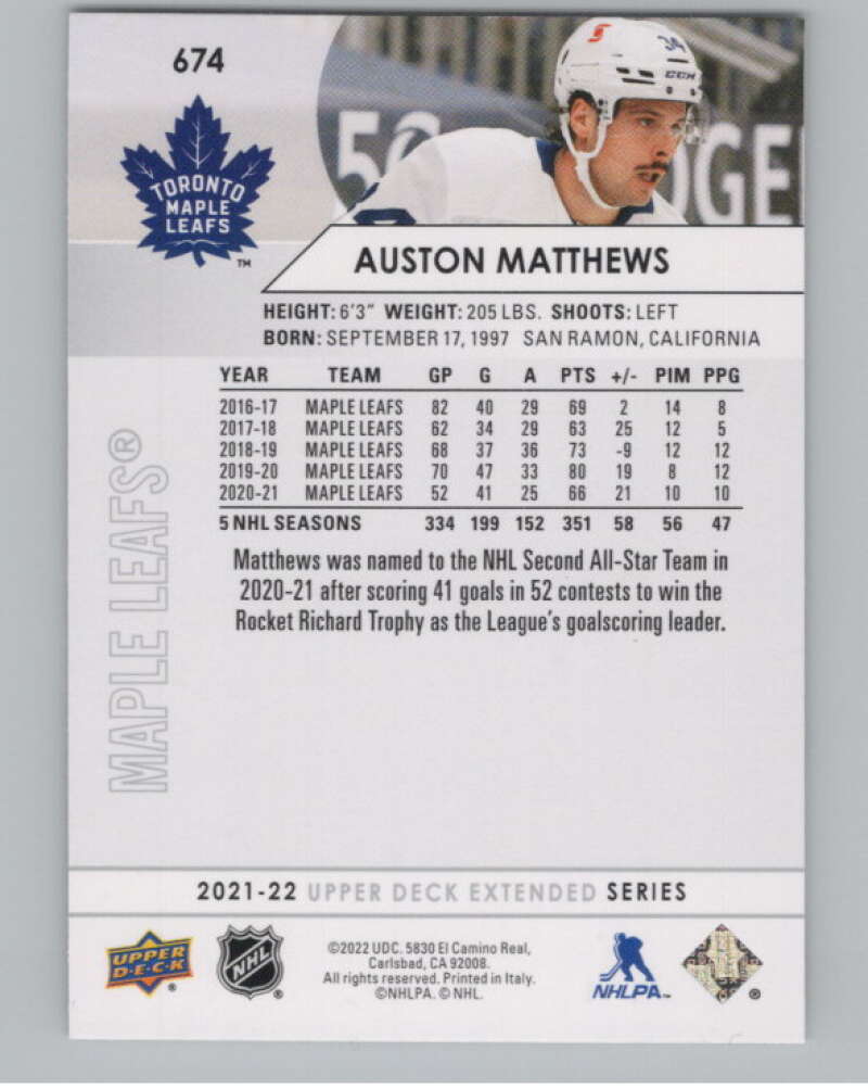 2021-22 Upper Deck Extended Series #674 Auston Matthews Leafs  V100806 Image 2