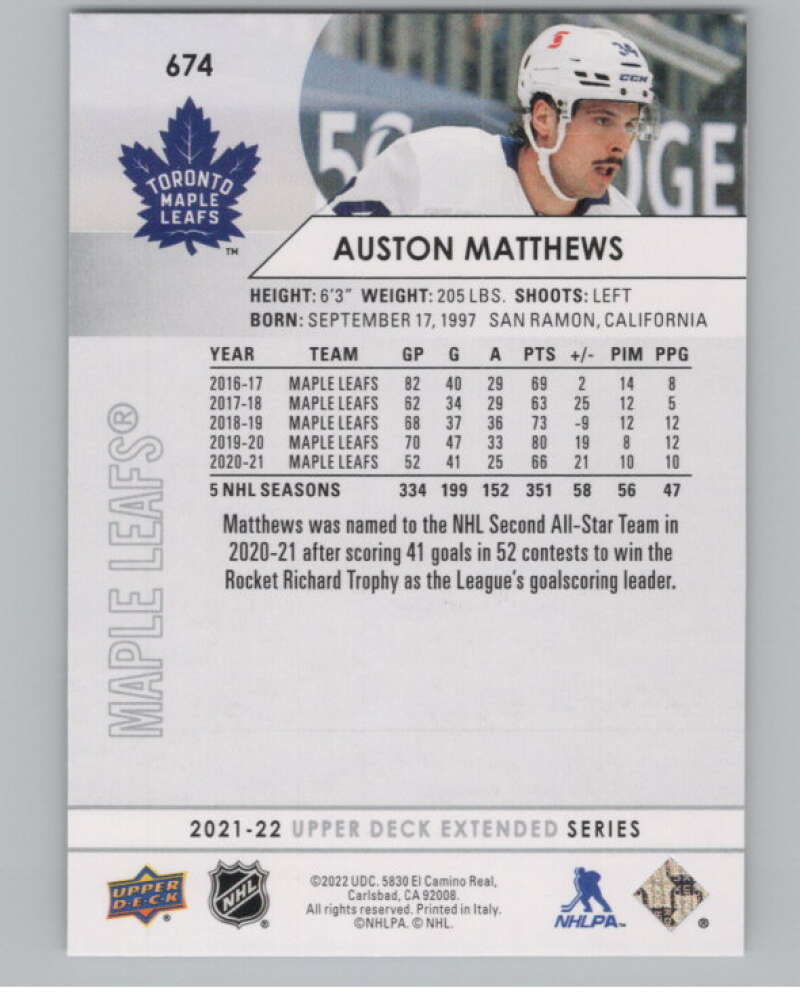 2021-22 Upper Deck Extended Series #674 Auston Matthews Leafs  V100807 Image 2