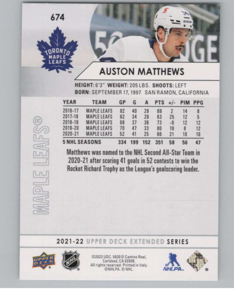 2021-22 Upper Deck Extended Series #674 Auston Matthews Leafs  V100808 Image 2