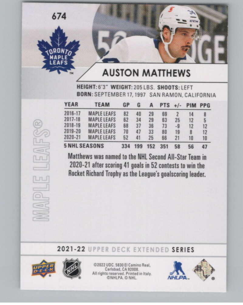 2021-22 Upper Deck Extended Series #674 Auston Matthews Leafs  V100809 Image 2