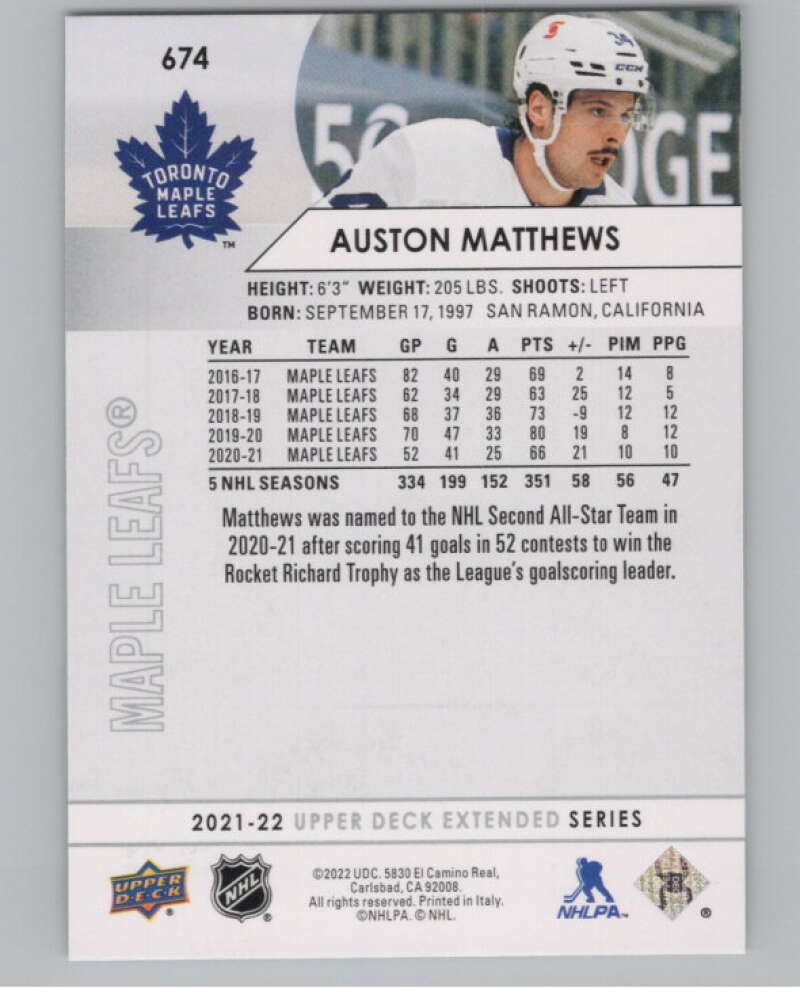 2021-22 Upper Deck Extended Series #674 Auston Matthews Leafs  V100810 Image 2