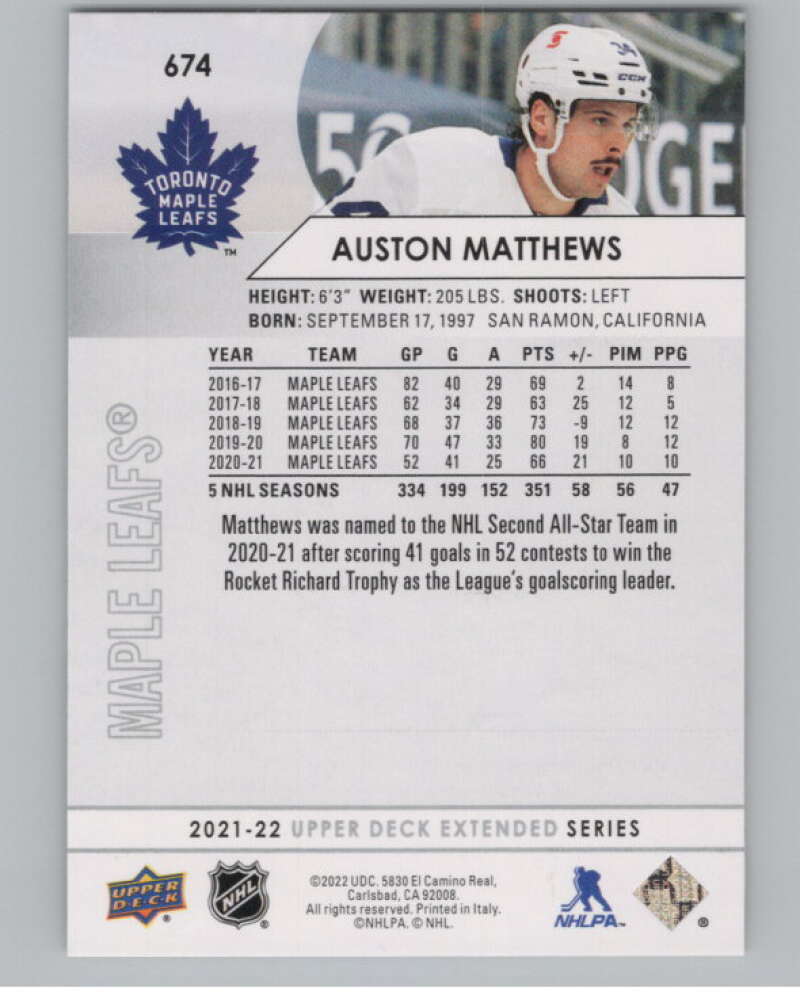 2021-22 Upper Deck Extended Series #674 Auston Matthews Leafs  V100811 Image 2