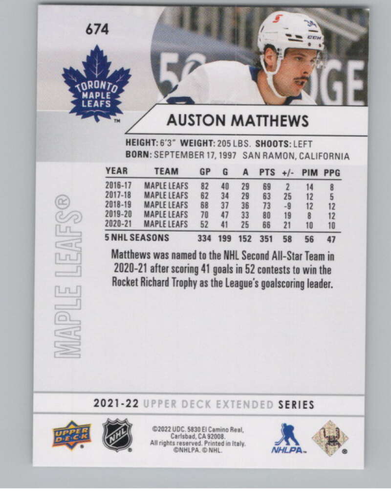2021-22 Upper Deck Extended Series #674 Auston Matthews Leafs  V100812 Image 2