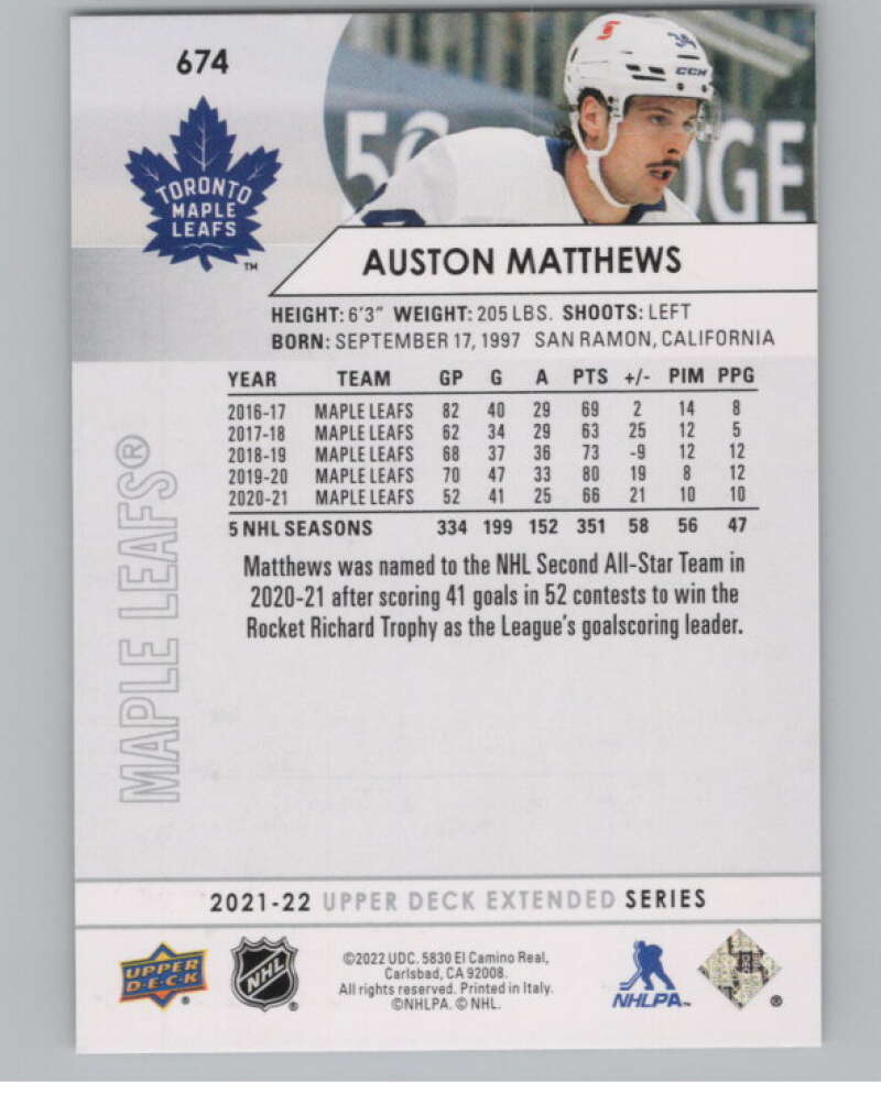 2021-22 Upper Deck Extended Series #674 Auston Matthews Leafs  V100813 Image 2
