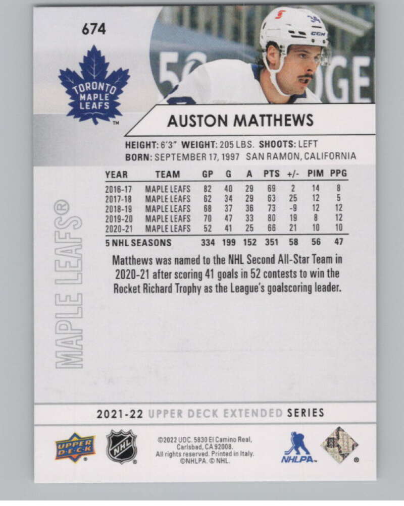 2021-22 Upper Deck Extended Series #674 Auston Matthews Leafs  V100814 Image 2