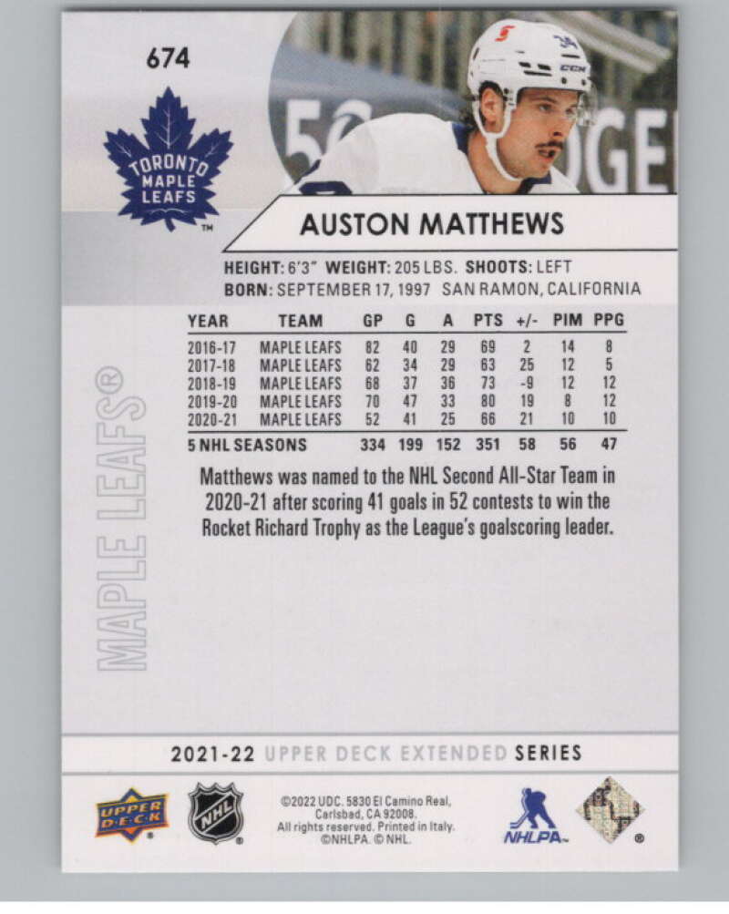 2021-22 Upper Deck Extended Series #674 Auston Matthews Leafs  V100815 Image 2