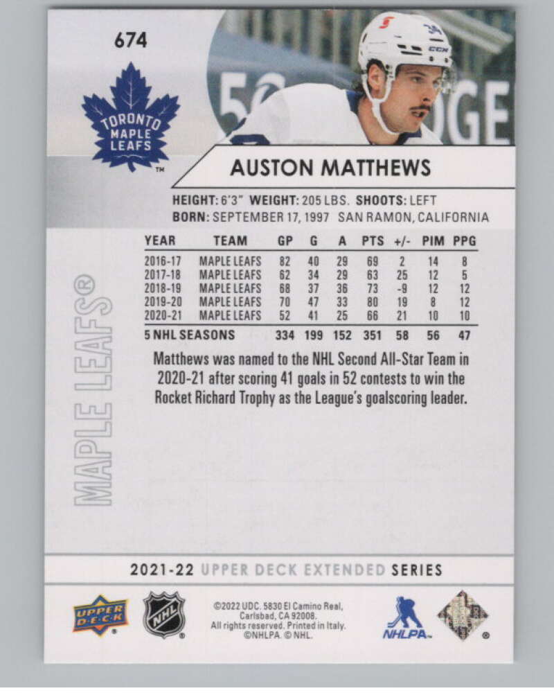 2021-22 Upper Deck Extended Series #674 Auston Matthews Leafs  V100816 Image 2