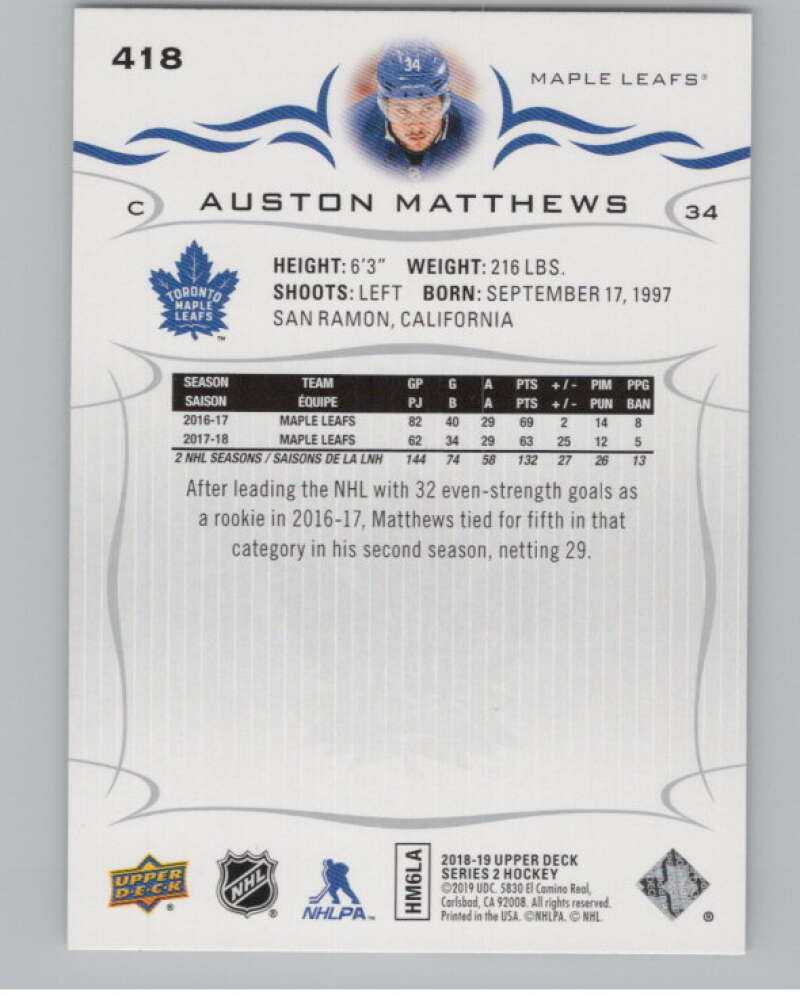 2018-19 Upper Deck #418 Auston Matthews  Toronto Maple Leafs  V100817 Image 2